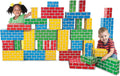 Colorful cardboard brick-style building blocks set, with kids stacking and building