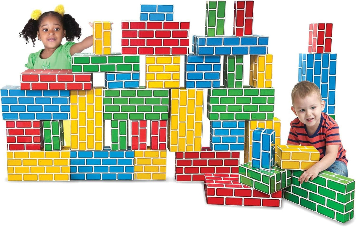Colorful cardboard brick-style building blocks set, with kids stacking and building