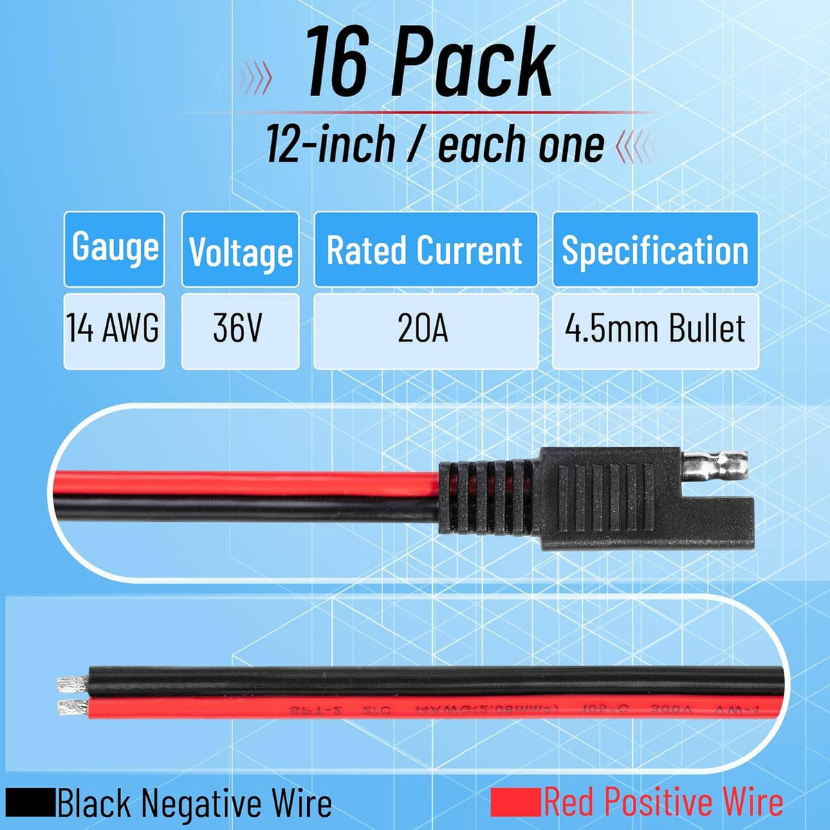 SAE connector plug with red and black wire leads and black plastic housing