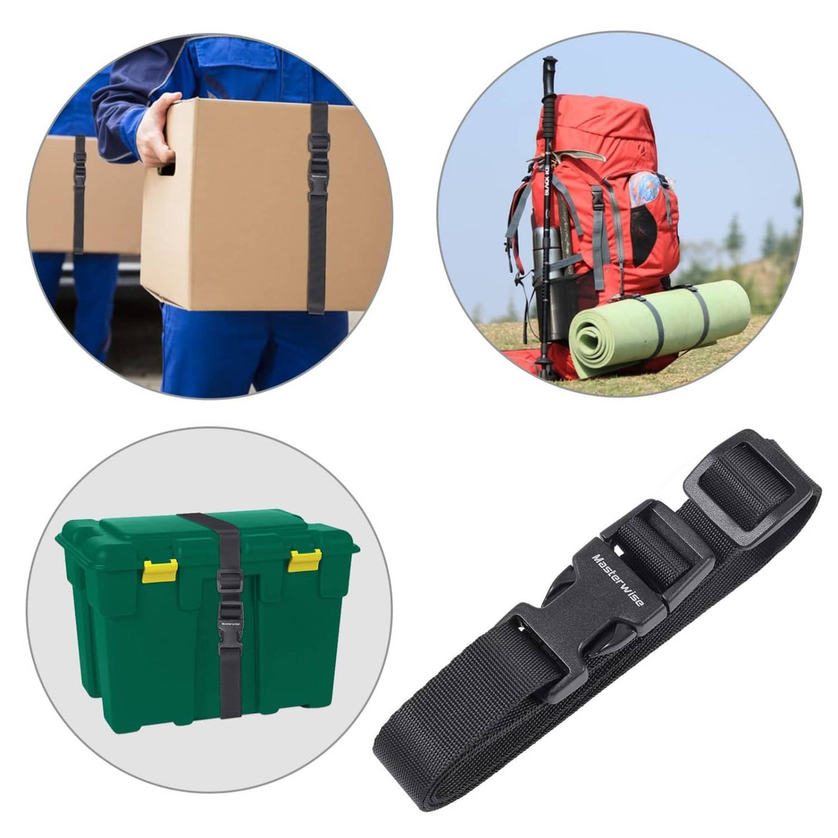 Black nylon cargo buckle strap shown securing luggage and outdoor gear