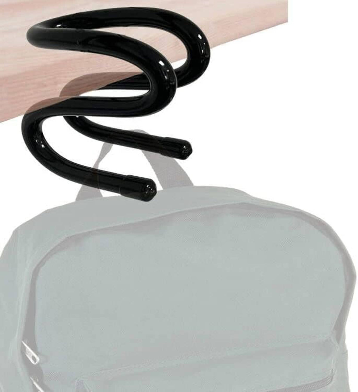 Black clamp-on bag hook with triple U arms attached to a light gray backpack