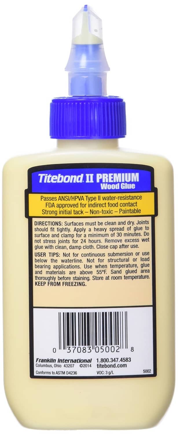 Titebond II premium wood glue bottle back view with label and dispensing tip