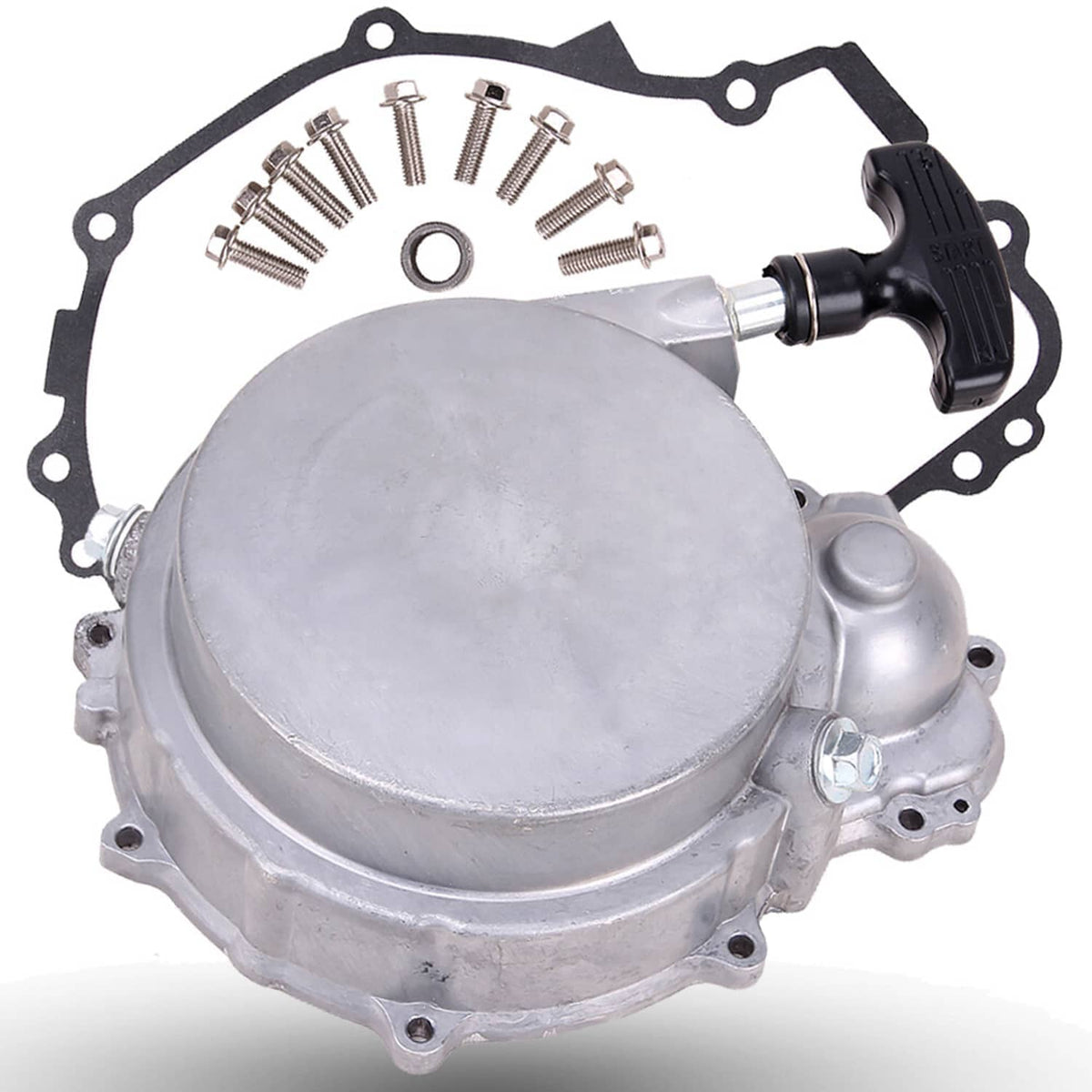 Recoil starter assembly with silver round cover, black pull handle, and gasket and bolts