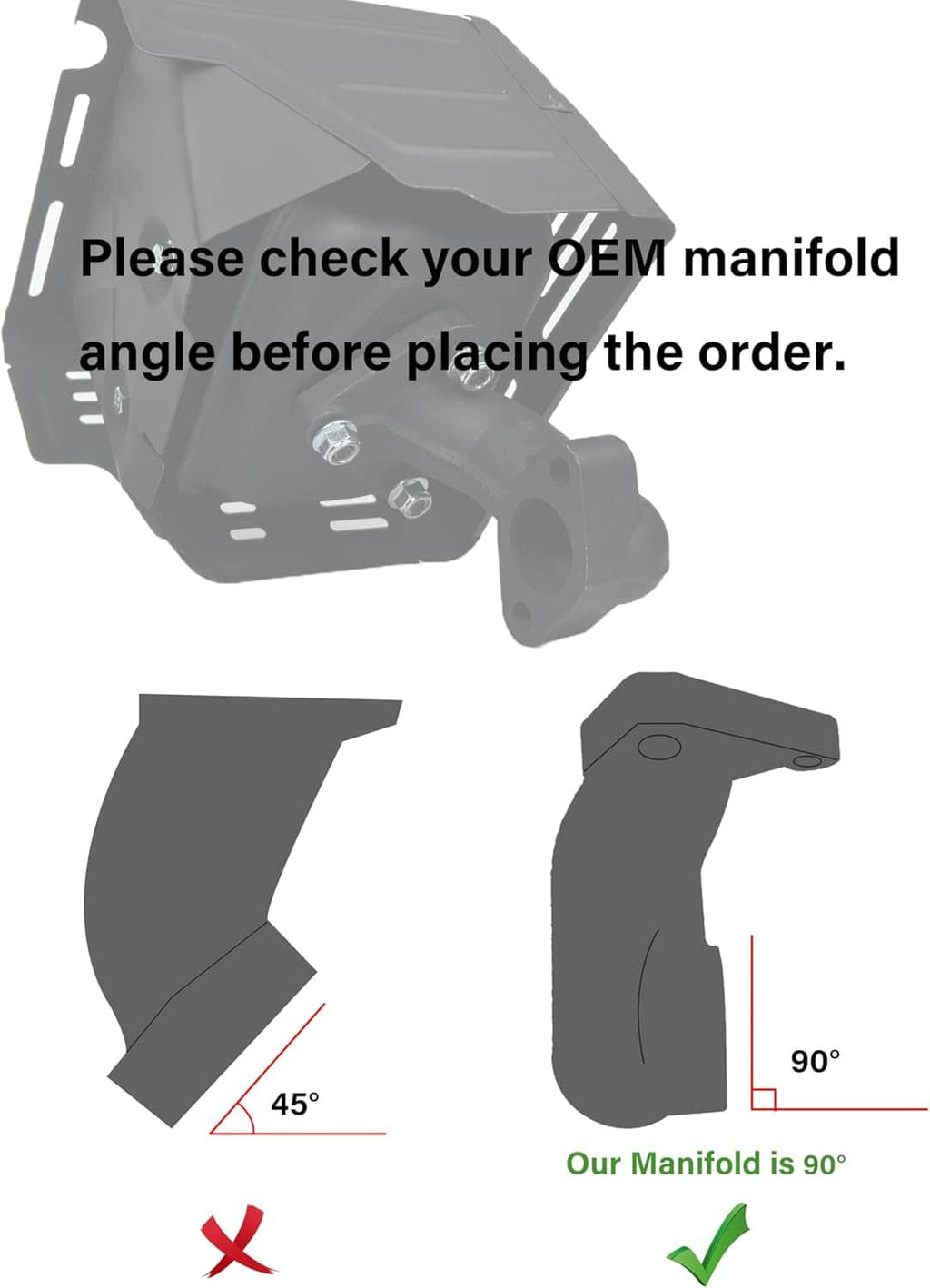 Black muffler silencer with exhaust outlet and manifold angle reference