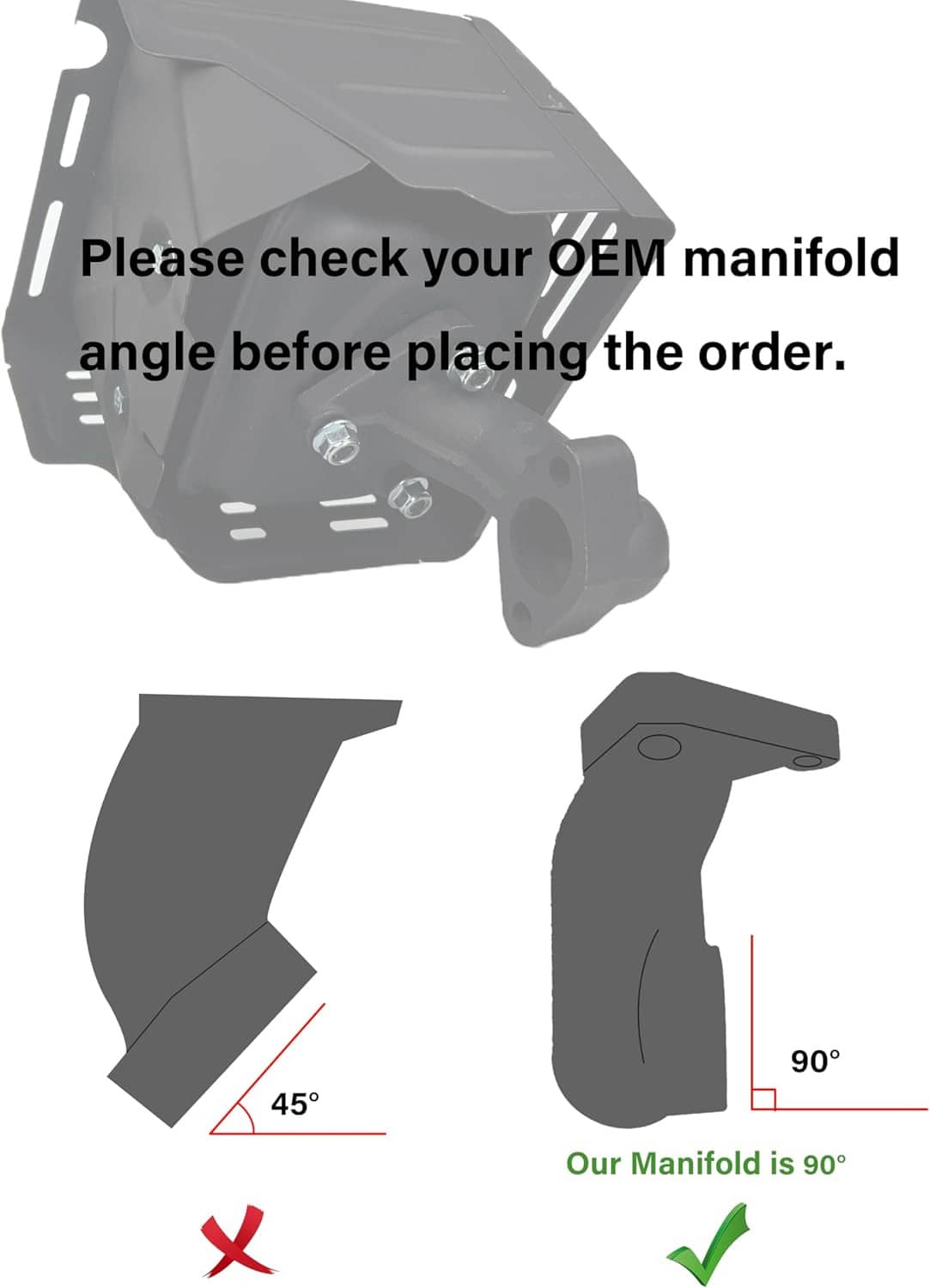 Black muffler silencer with exhaust outlet and manifold angle reference