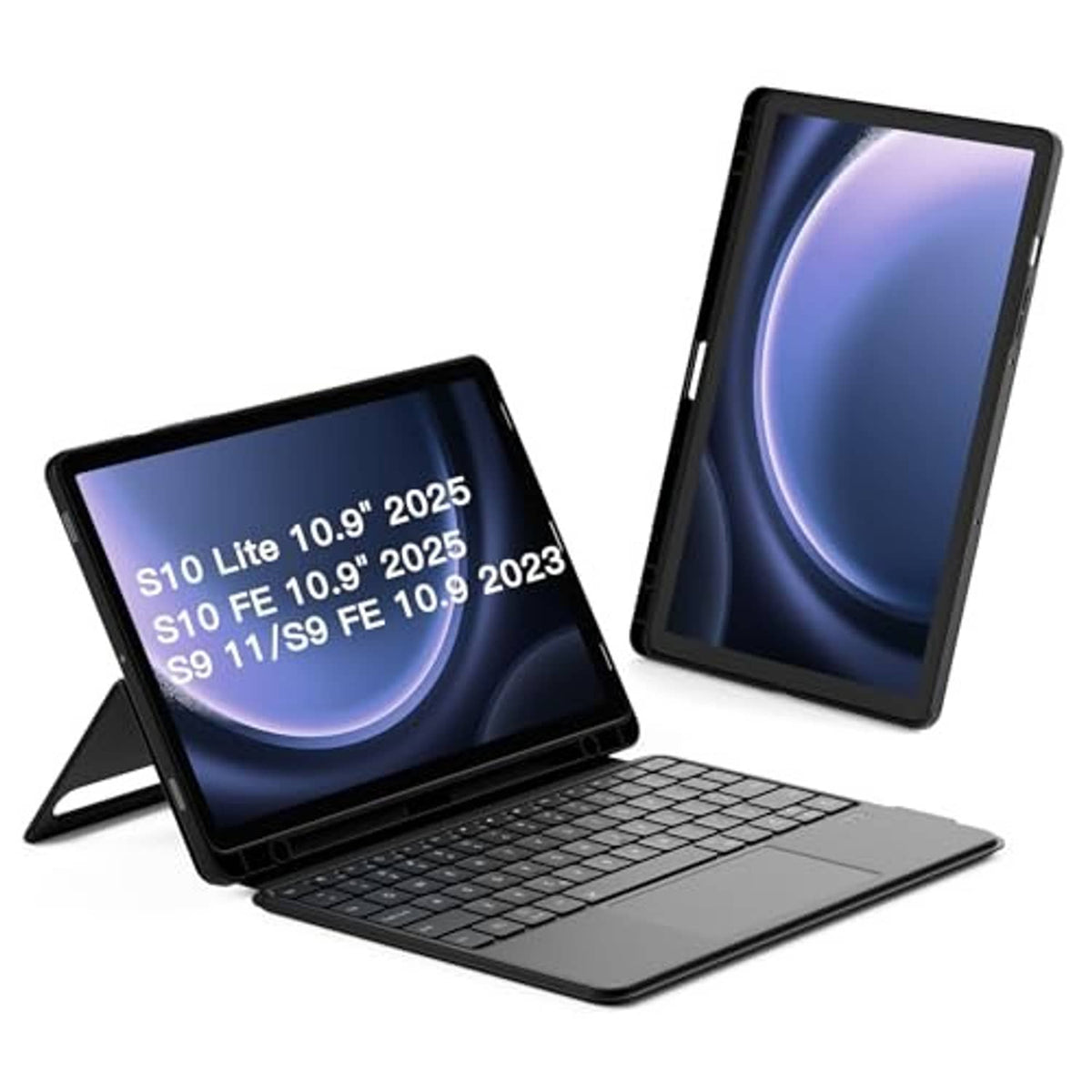 Black tablet keyboard case with detachable stand and touchpad, tablet angled for use