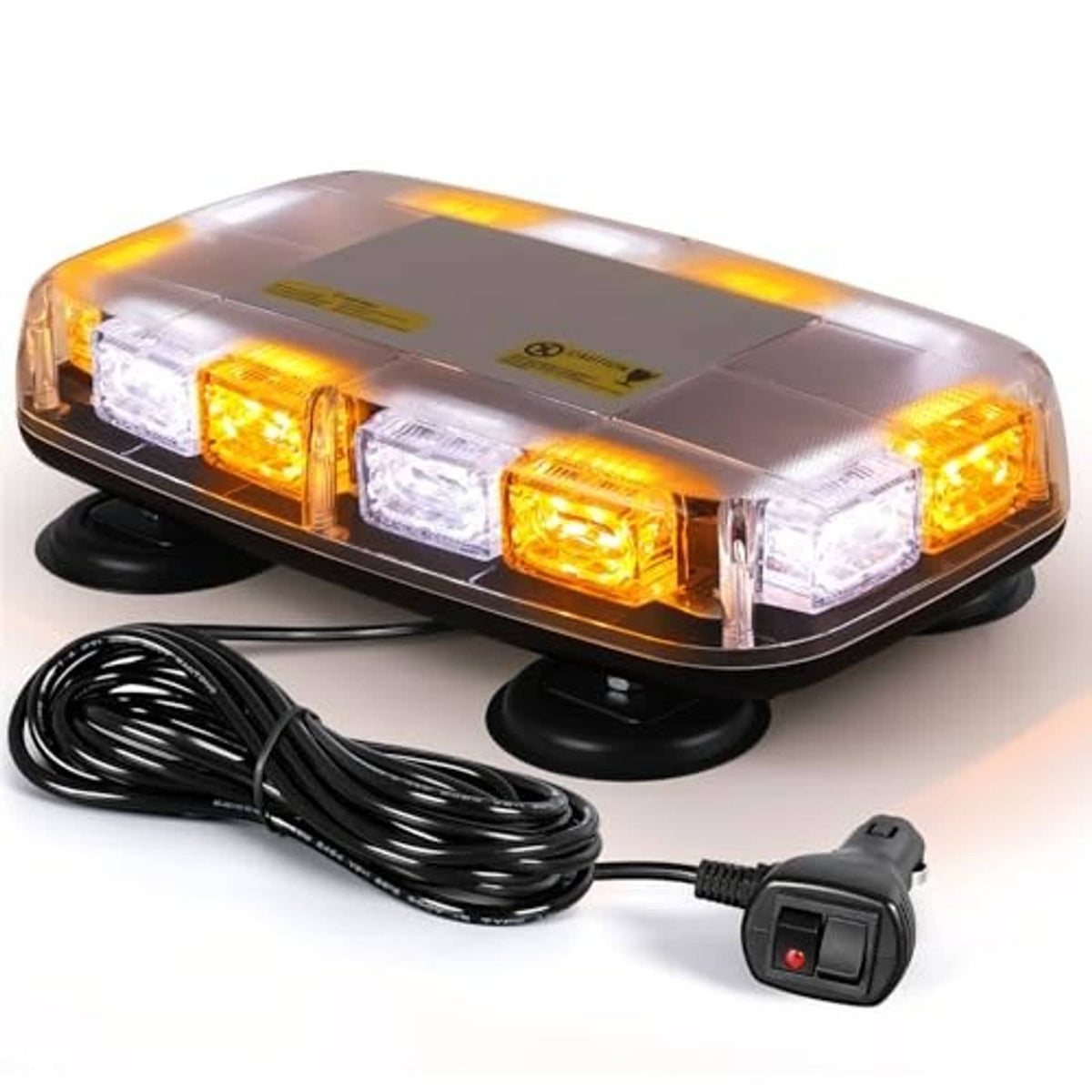 3-color LED strobe light bar with amber/white lenses, cord, and inline power switch
