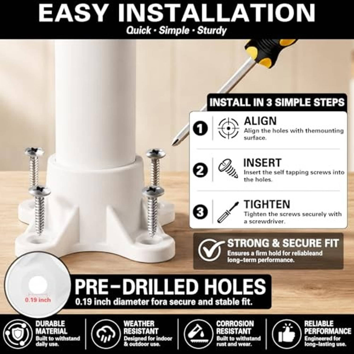 White PVC pipe flange cap with pre-drilled holes and two table screws