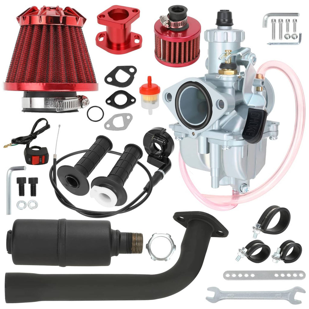 Red and black VM22 stage 2 kit with air filter, carburetor, exhaust pipe and muffler