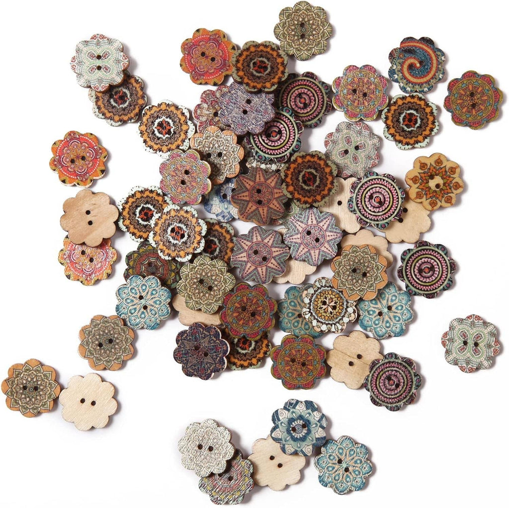 Assorted vintage wooden buttons with 2 holes, round shapes with floral and geometric patterns