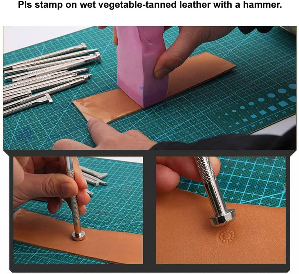Leather stamping tool being used with hammer to imprint tan leather on cutting mat