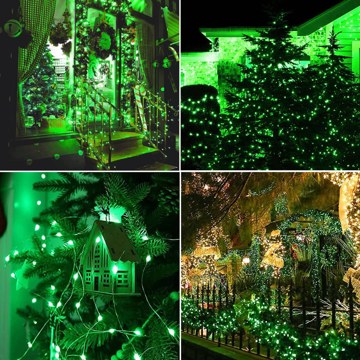 Green LED solar fairy lights hanging in a garden archway pattern