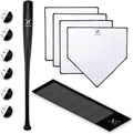 Black plastic baseball bat with perforated practice balls and roll-up carrying bag