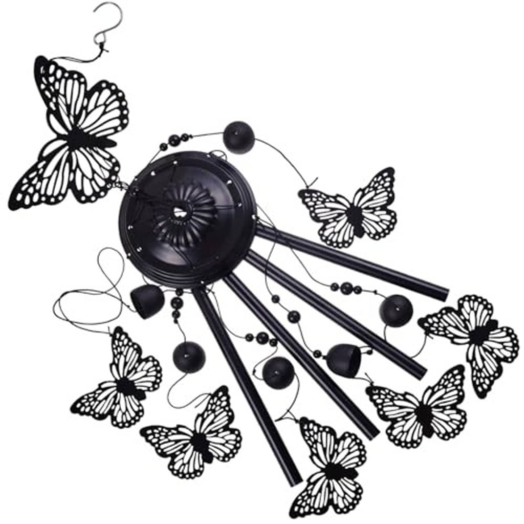 Black wind chime rotor with butterfly cutouts and hanging rod arms