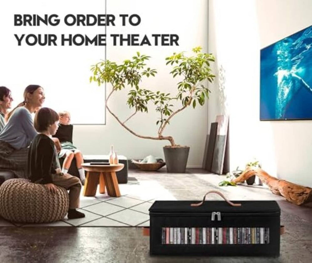 Black CD storage box with clear window and brown handle, shown in a living room setting.
