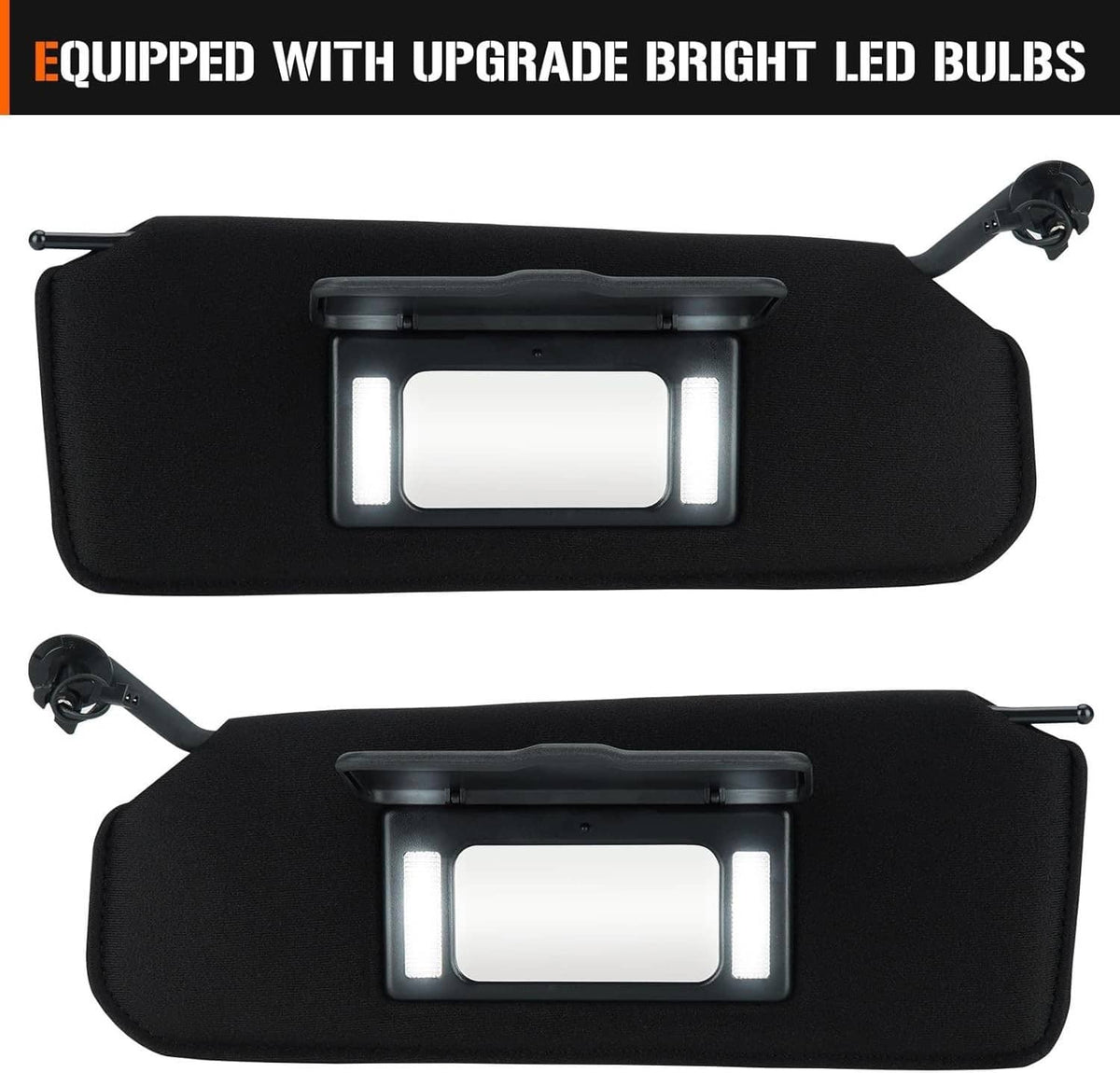 Pair of black sun visors with upgraded bright LED bulbs, front view