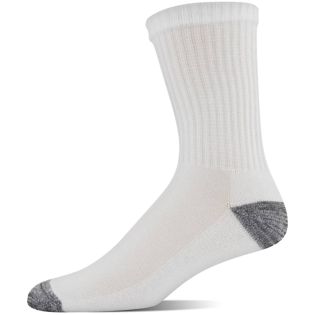 White mid-crew sock with ribbed leg knit and gray cushioned heel and toe