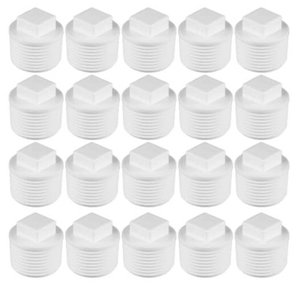 White PVC male thread pipe plugs, hex caps with ribbed threads, bulk pack