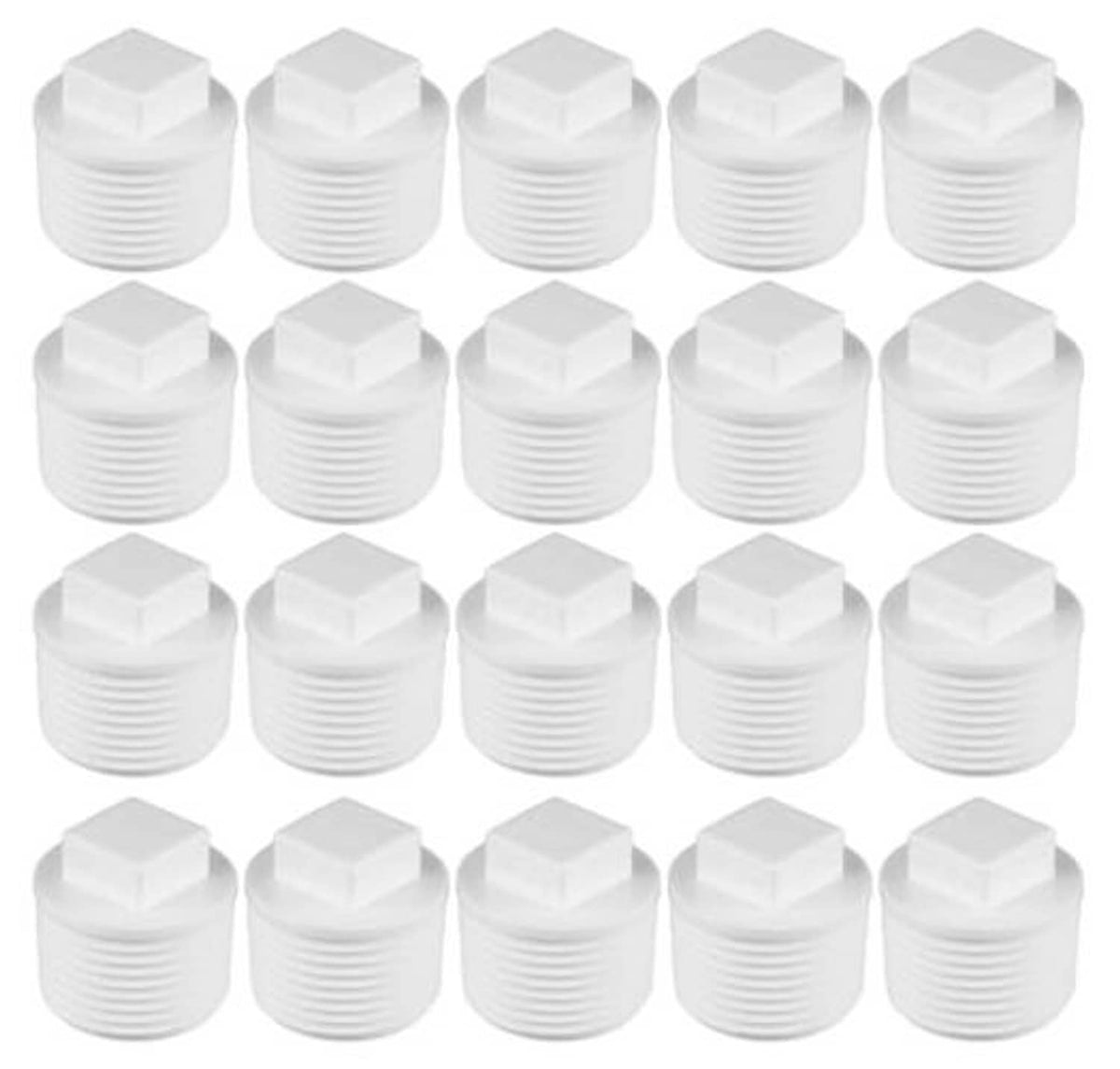 White PVC male thread pipe plugs, hex caps with ribbed threads, bulk pack