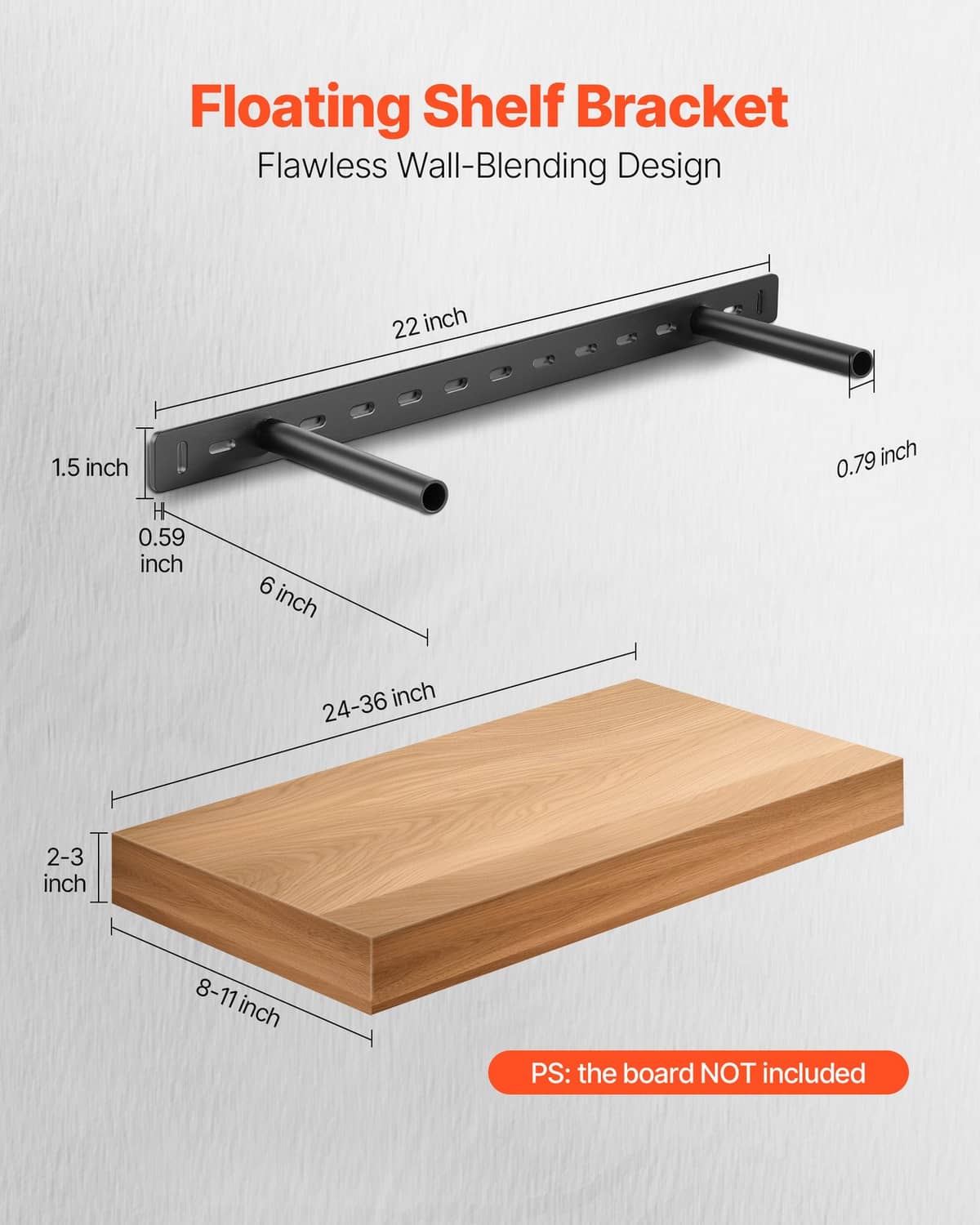 22-inch floating shelf bracket with perforated bar and two black support tubes