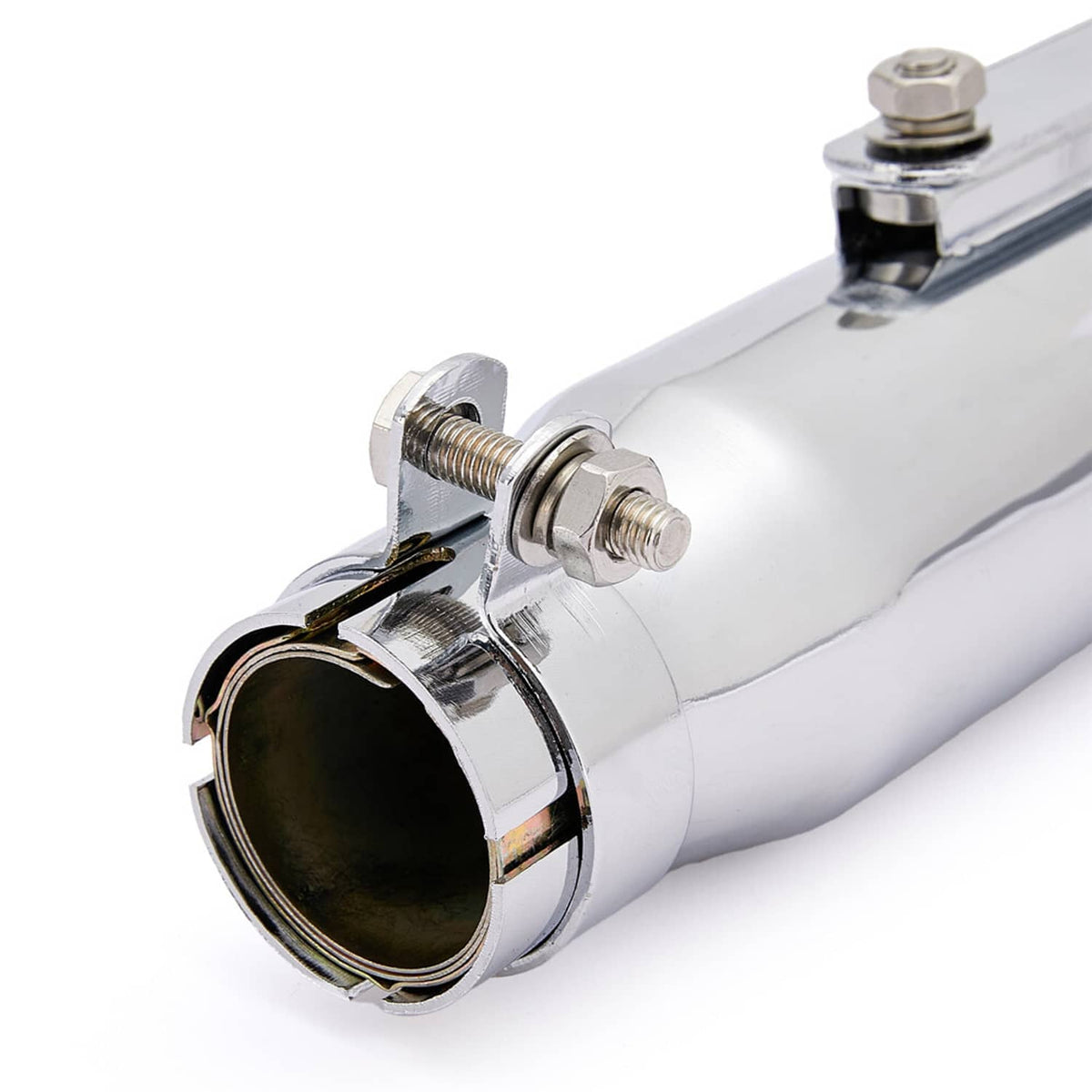 Chrome universal motorcycle exhaust muffler with inlet clamp and bolt hardware
