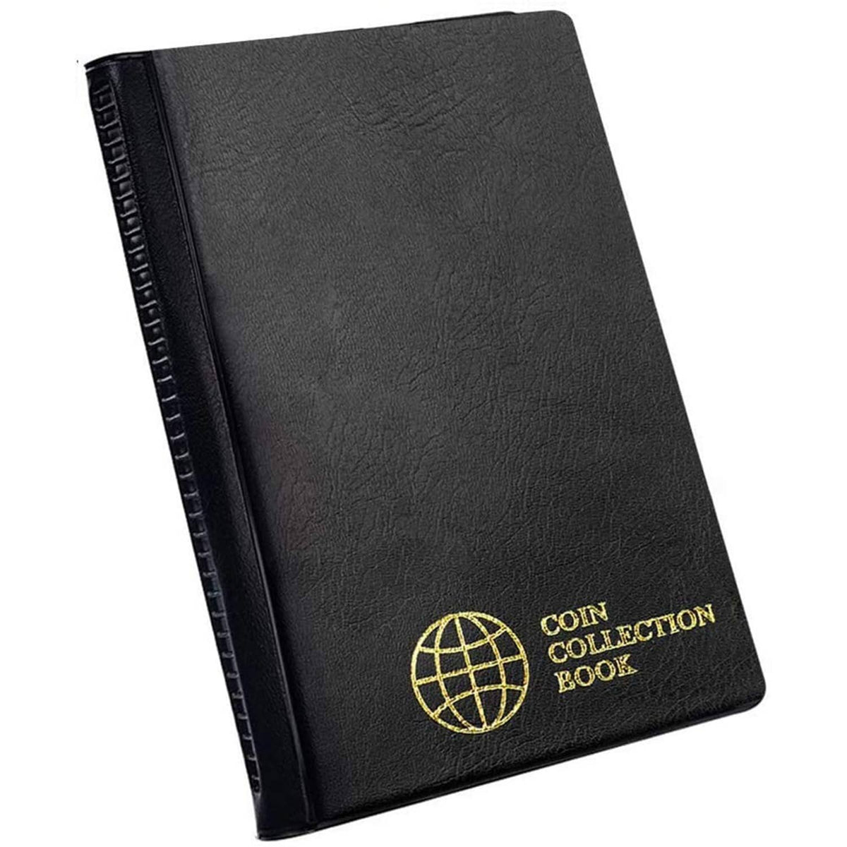 Black coin collection album with gold globe logo on front cover