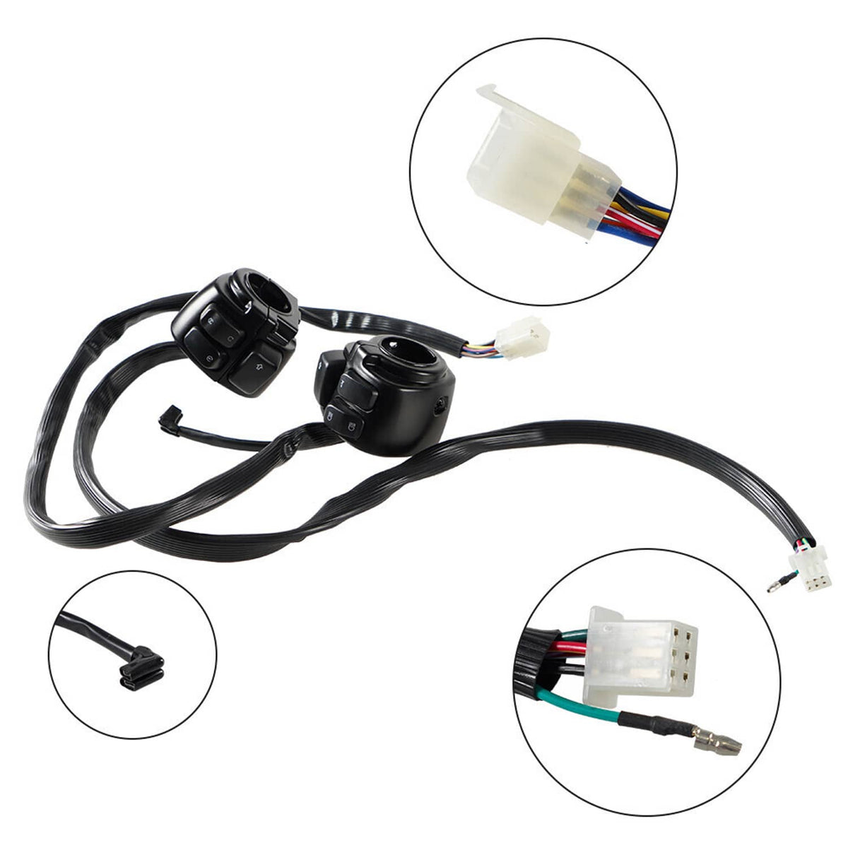 Wiring harness with black handlebar switch controls and multi-color connector leads