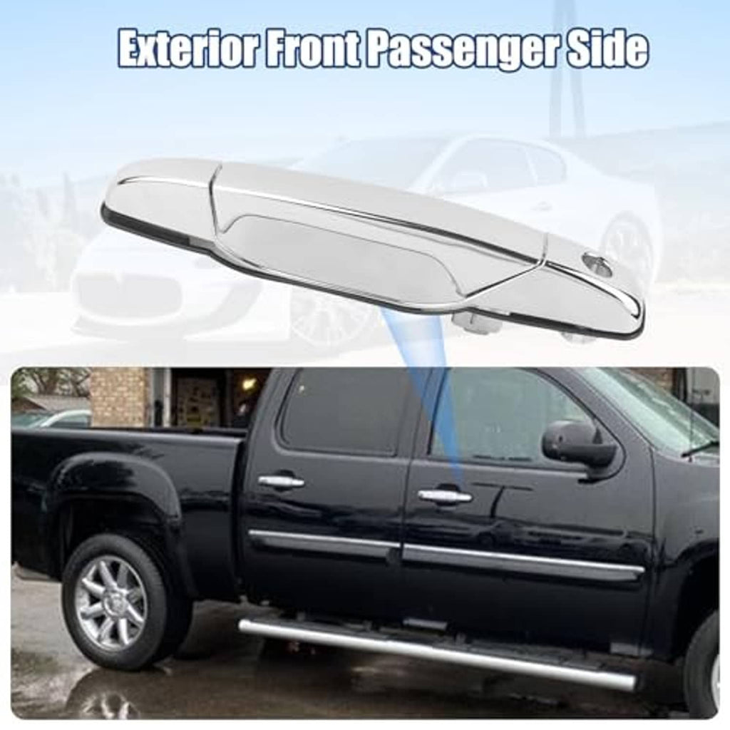 Chrome front passenger exterior door handle mounted on vehicle door