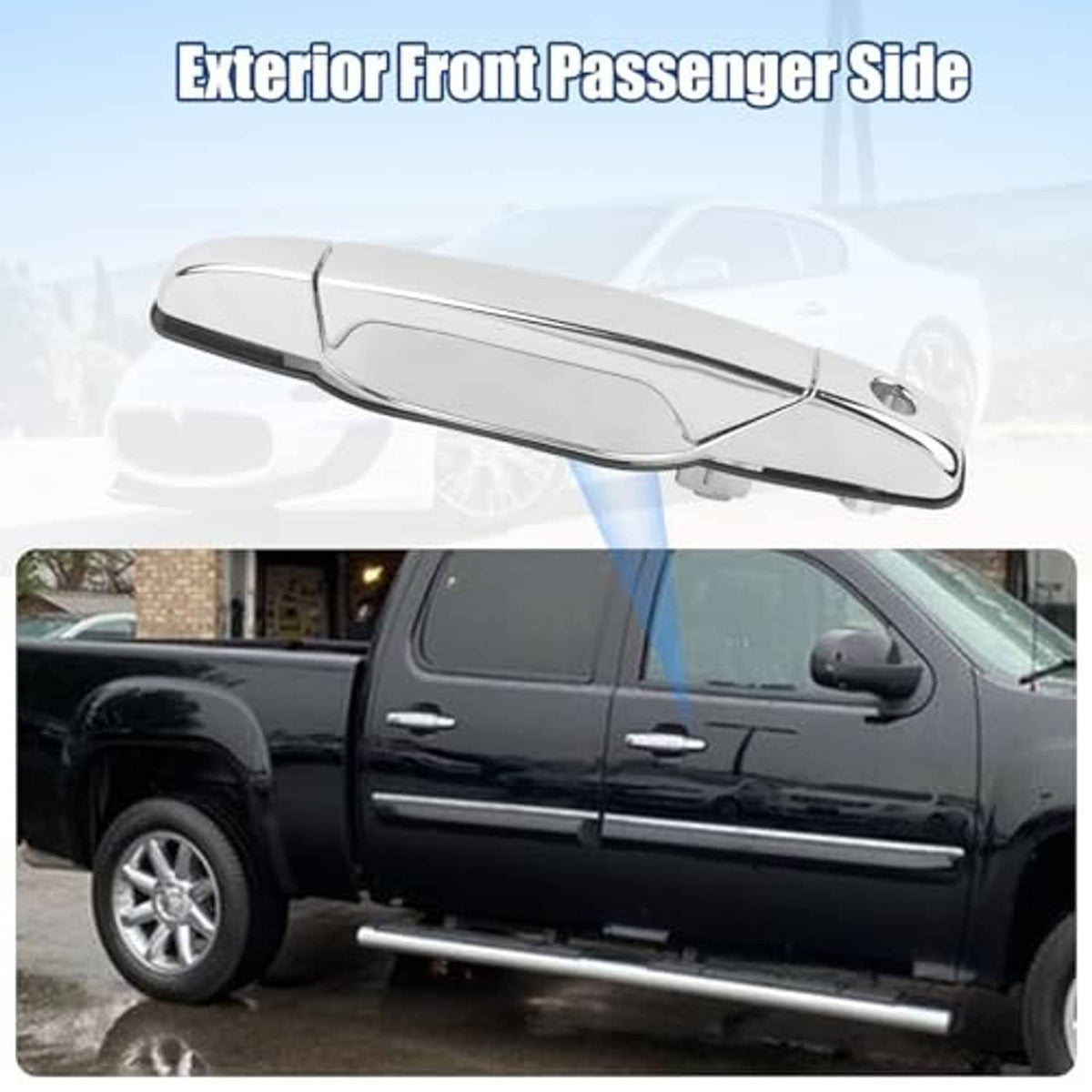Chrome front passenger exterior door handle mounted on vehicle door