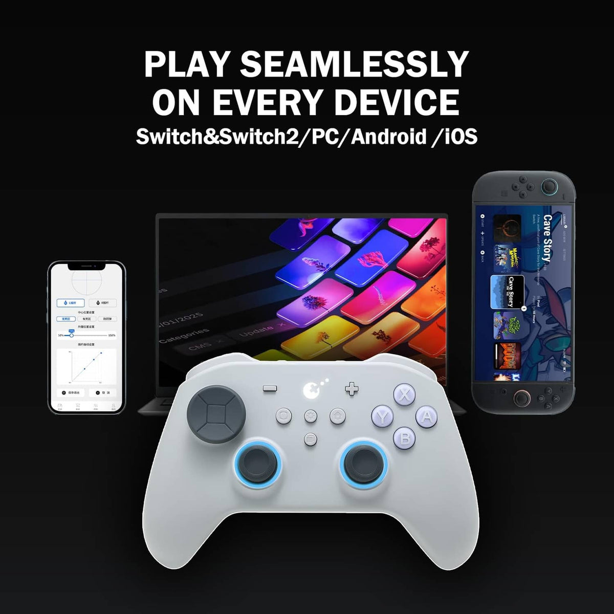 White gaming controller with dual analog sticks and face buttons for multiple devices