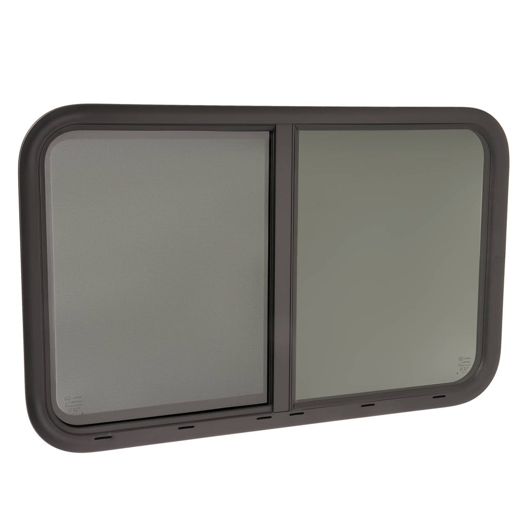 RV horizontal slider window with two tinted panes and center divider in dark frame