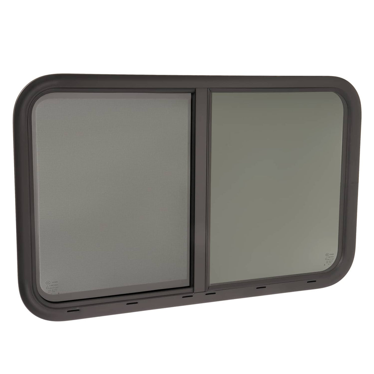 RV horizontal slider window with two tinted panes and center divider in dark frame
