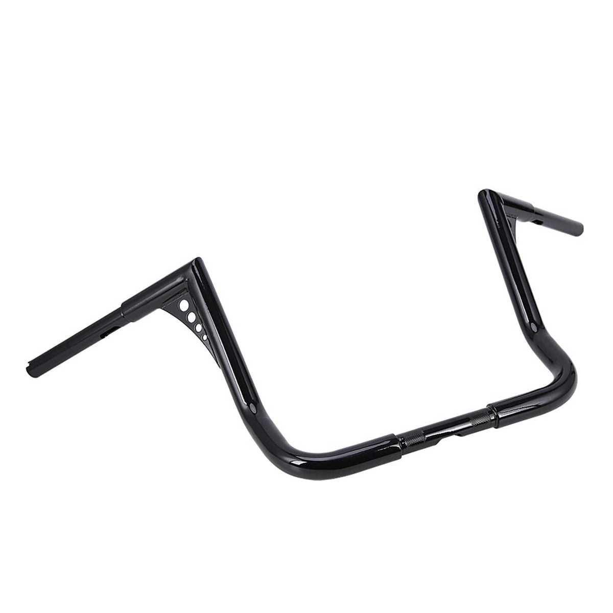 Black motorcycle handlebar with curved lower section and outward grip end, mounting plate holes