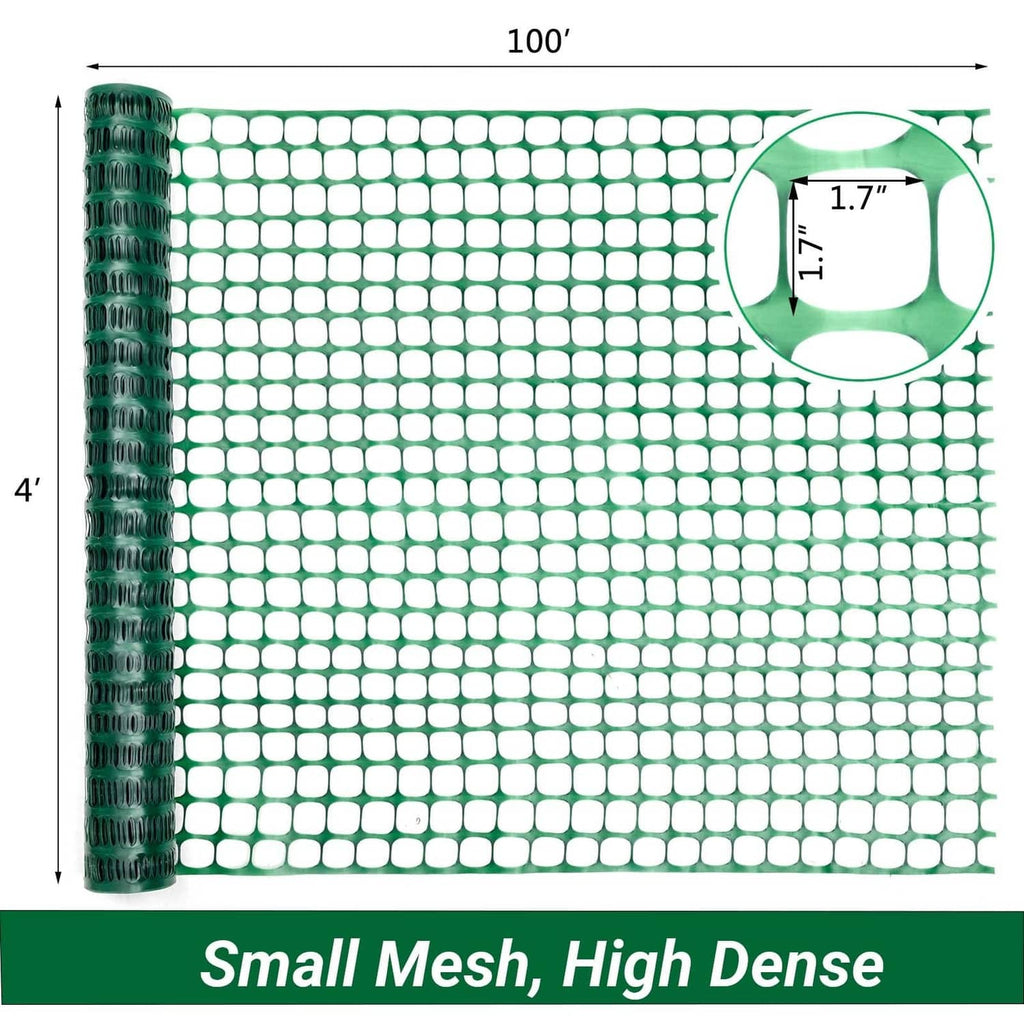 Green plastic mesh safety fence roll, 4 ft x 100 ft, small square mesh