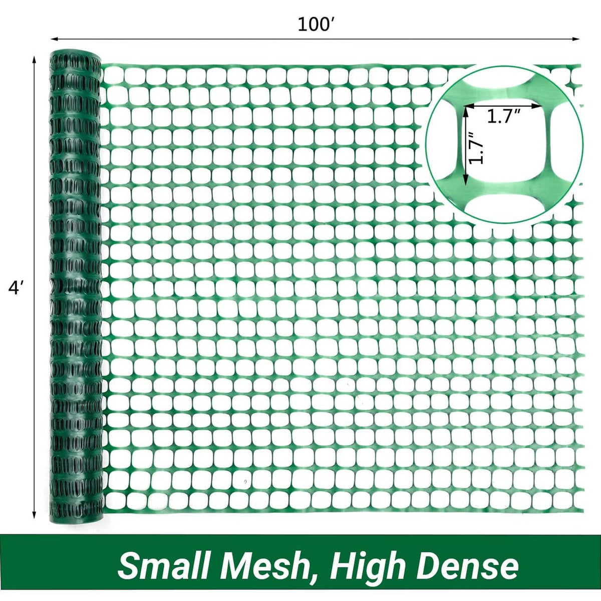 Green plastic mesh safety fence roll, 4 ft x 100 ft, small square mesh