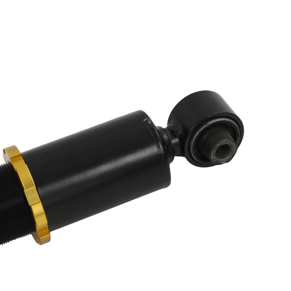 Black coilover strut end with bushing and gold band on the damper