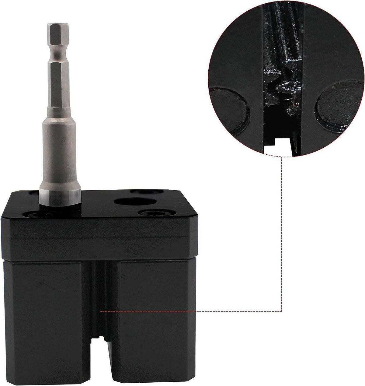 Black crimper head with steel bit, close-up of side opening and fastening holes