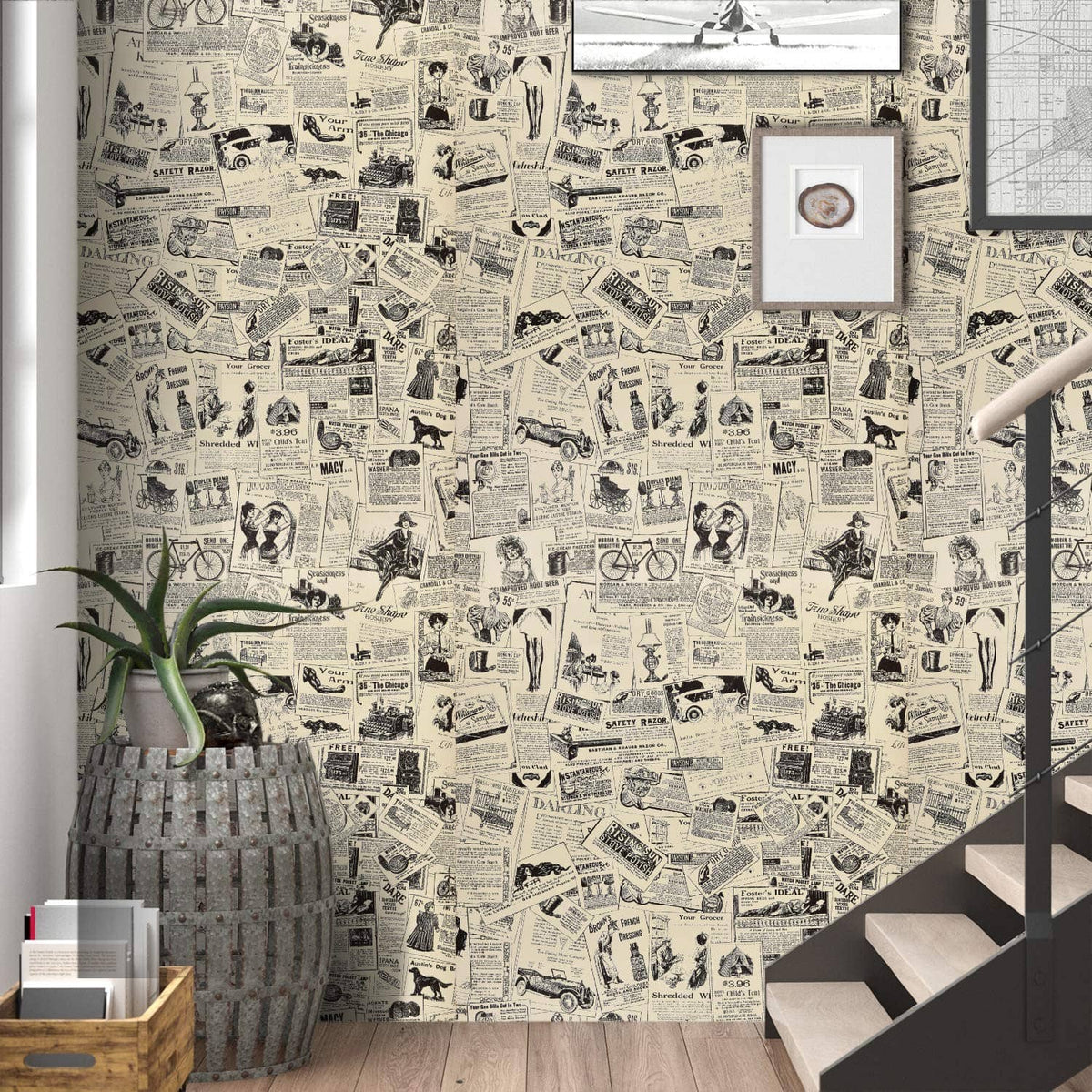 Newspaper-pattern wallpaper on a room wall with a plant, shelving, and floor lamp
