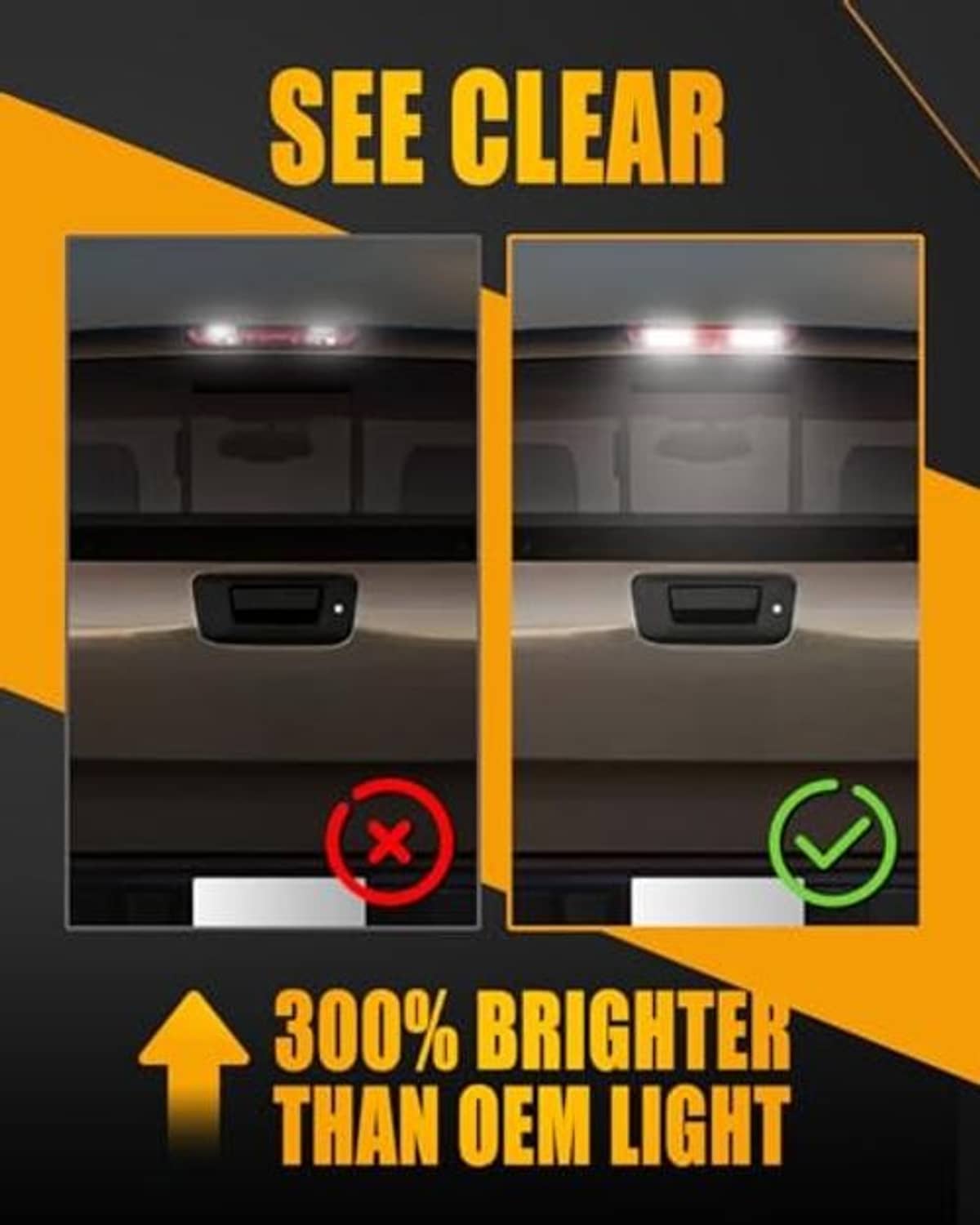 Third brake light with red lens and clear sides, shown for brightness comparison