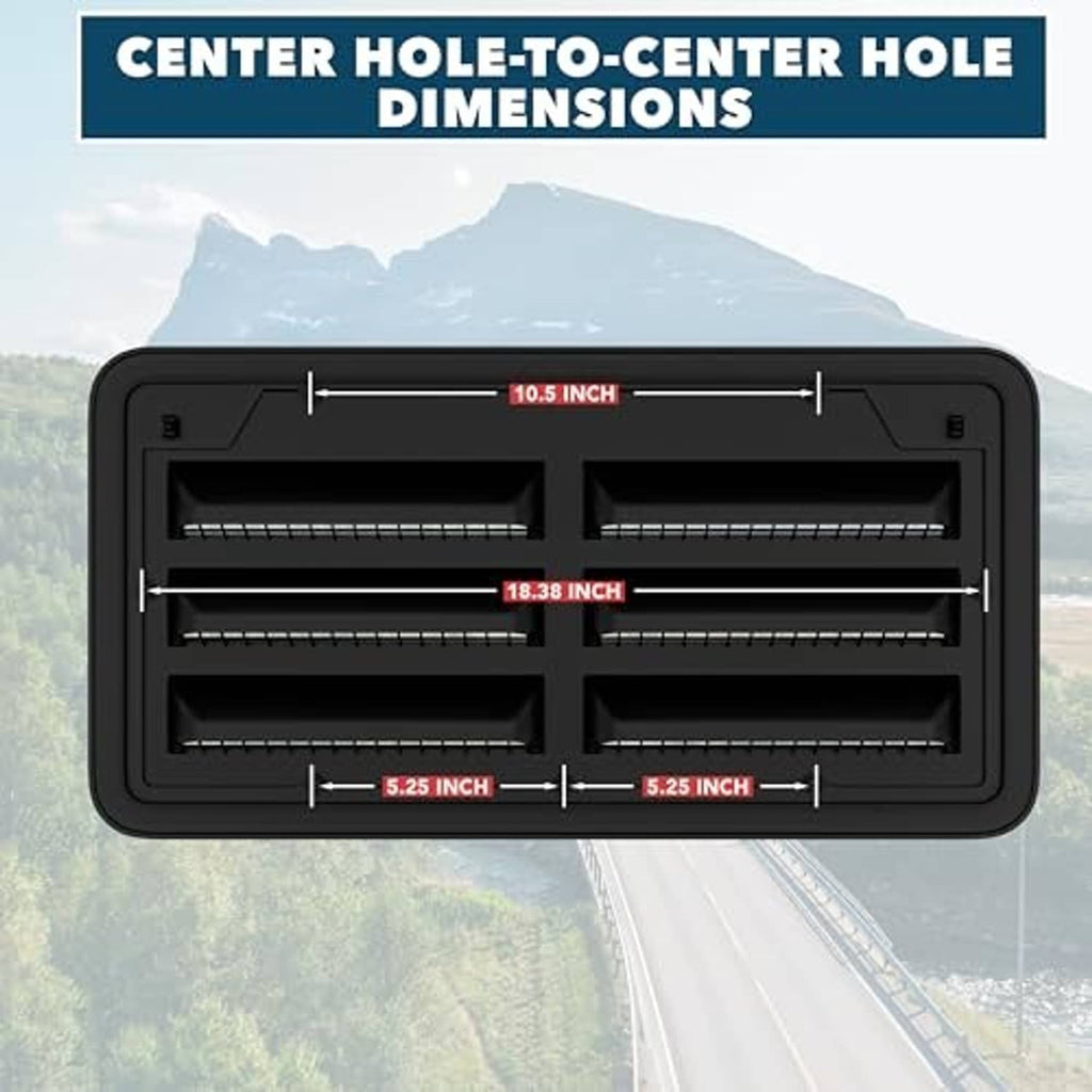 Black RV refrigerator side vent panel with multiple horizontal airflow louvers and mesh