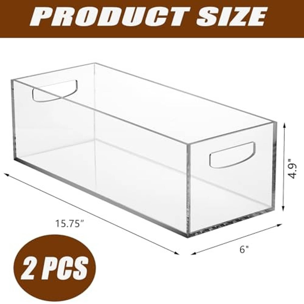 Clear acrylic DVD/CD storage box with handle, shown with size measurements