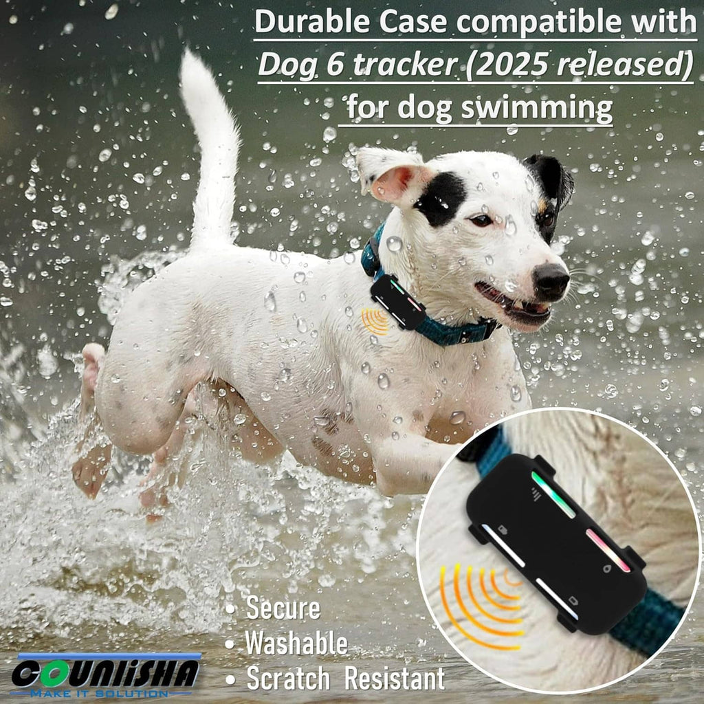 Black silicone tracker case on a dog collar with water droplets