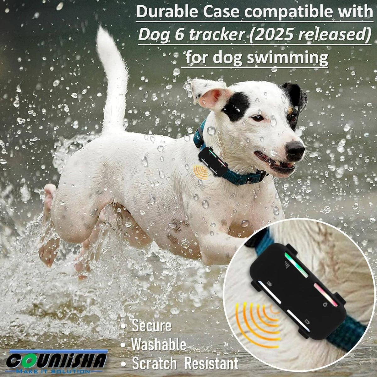 Black silicone tracker case on a dog collar with water droplets