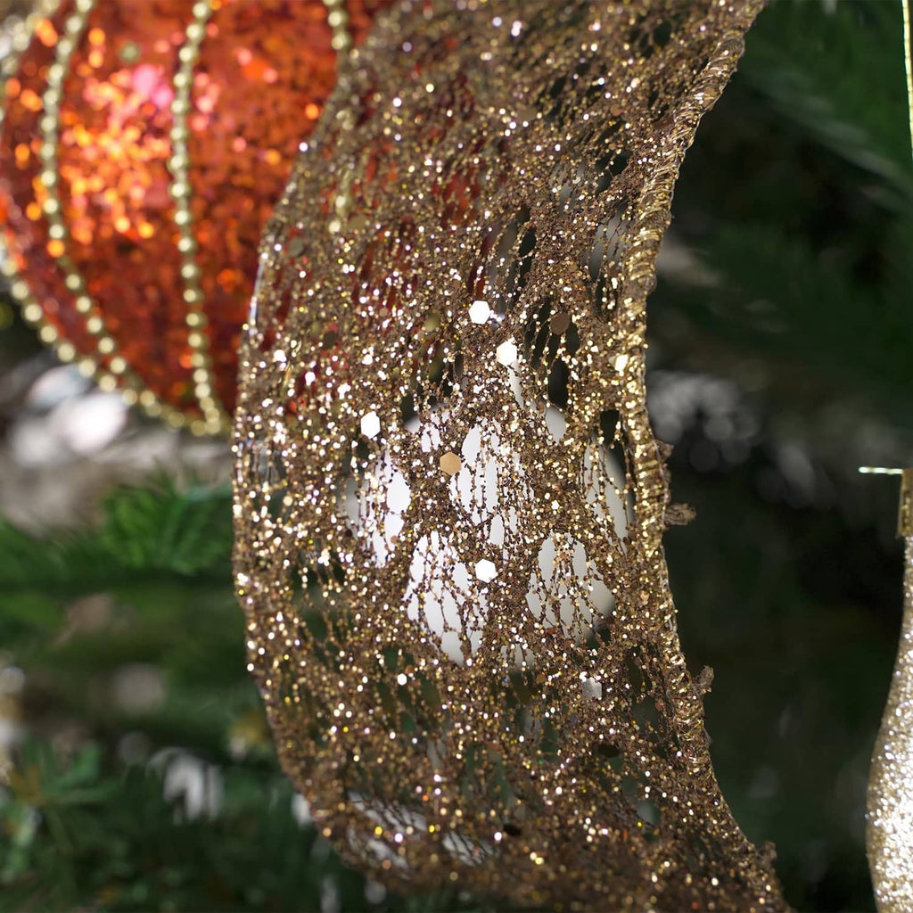 Close-up brown wired glitter ribbon texture with reflective sparkle