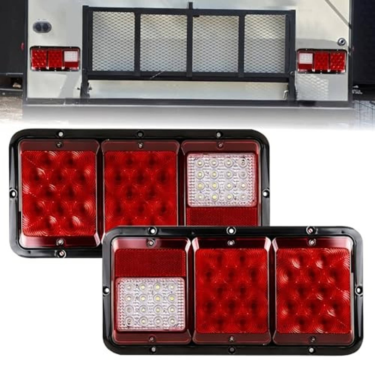 LED triple tail lights with red lens panels and square clear backup light