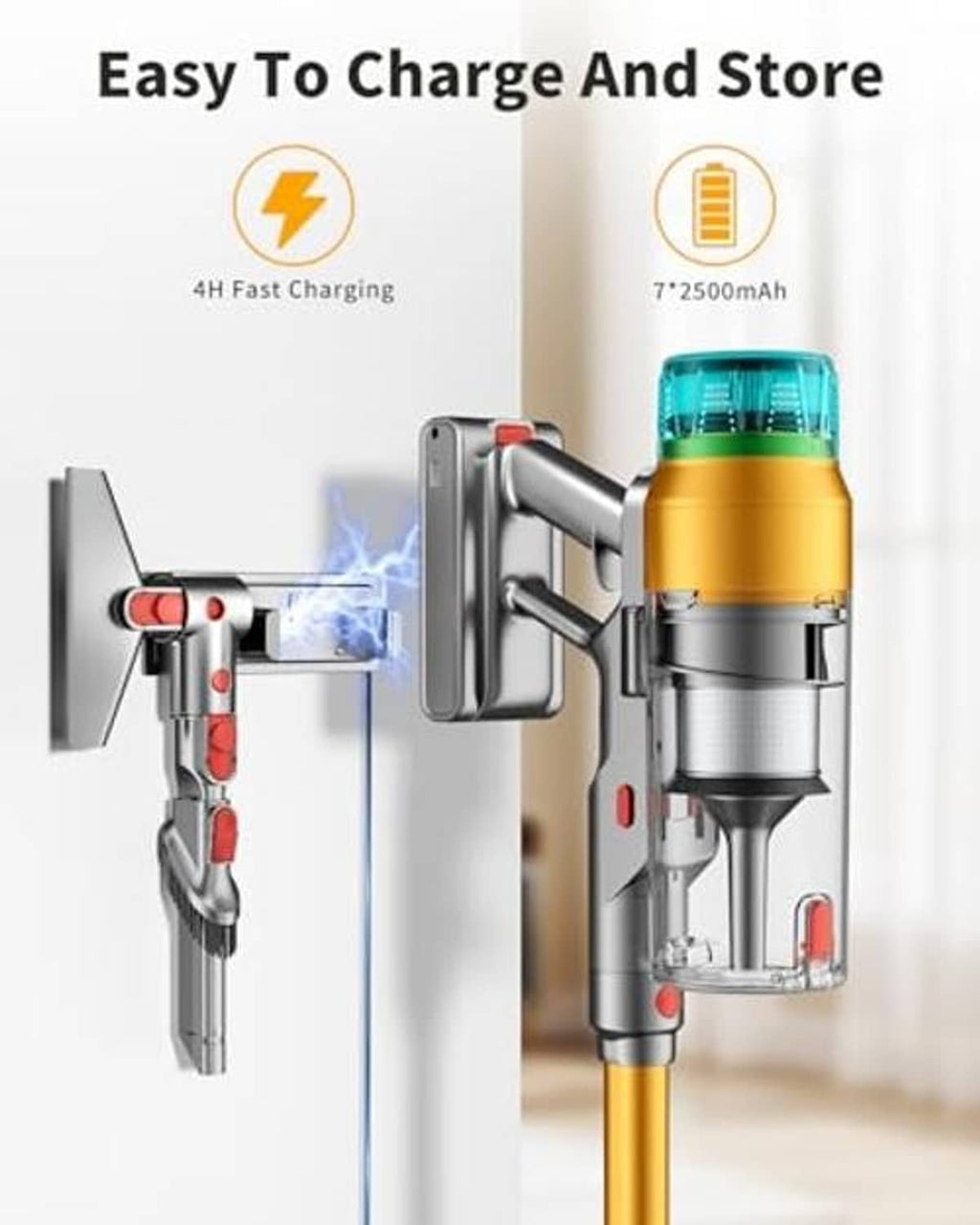 Cordless stick vacuum cleaner charging docked on wall with teal dust canister