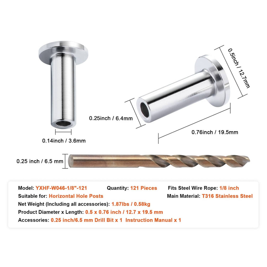 Stainless steel protector sleeve set with dimensions and 0.25 in drill bit