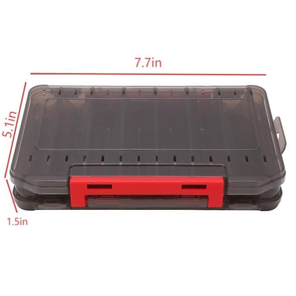 Double-sided tackle box case with red handle latch, size marks shown on front