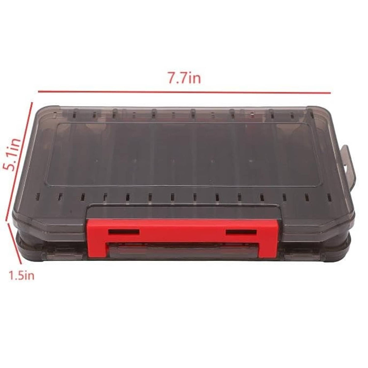 Double-sided tackle box case with red handle latch, size marks shown on front