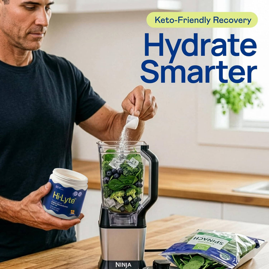 Hi-Lyte electrolytes powder mix container being poured into blender
